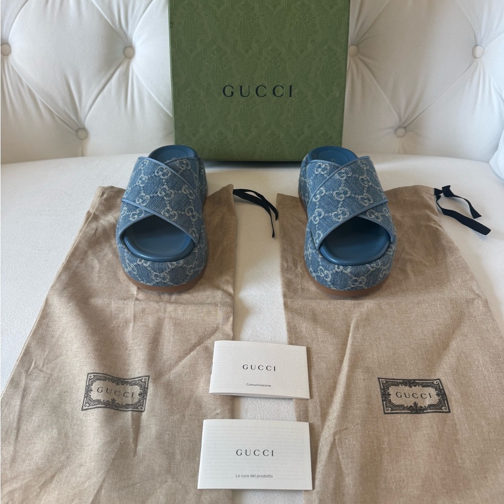 GUCCI New Denim GG Monogram Angelina Platform 55mm Slide Sandals blue 34.5
